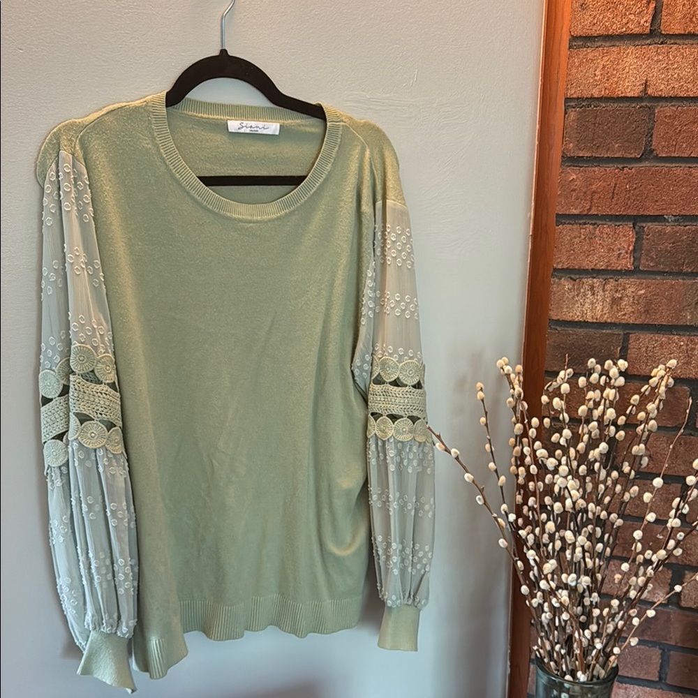 Olive Green Blouse with Lace Sleeves